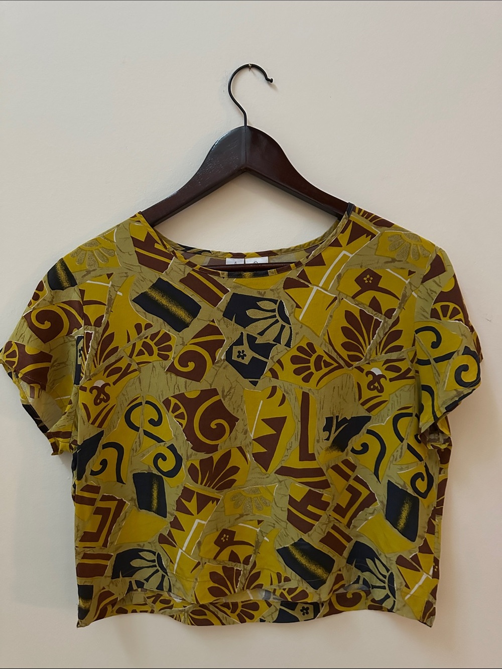 100% Silk Abstract Geo-Print Crop Top in Mustard